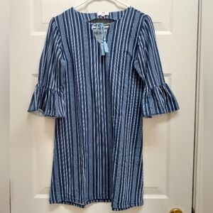 MarleyLilly Blue Striped Shift Dress XS Bell Sleeve Tassel Tie Boho Casual